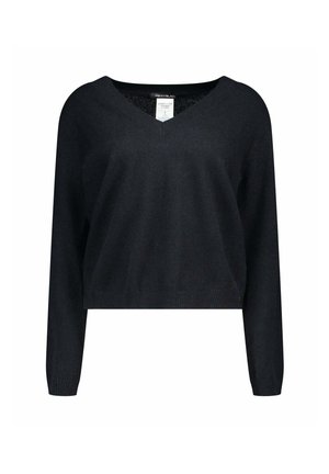 Maglione nero cropped con scollo a V, maniche lunghe e dettagli a costine sulle maniche. Realizzato in morbido tessuto texturizzato. Etichetta visibile sul colletto.