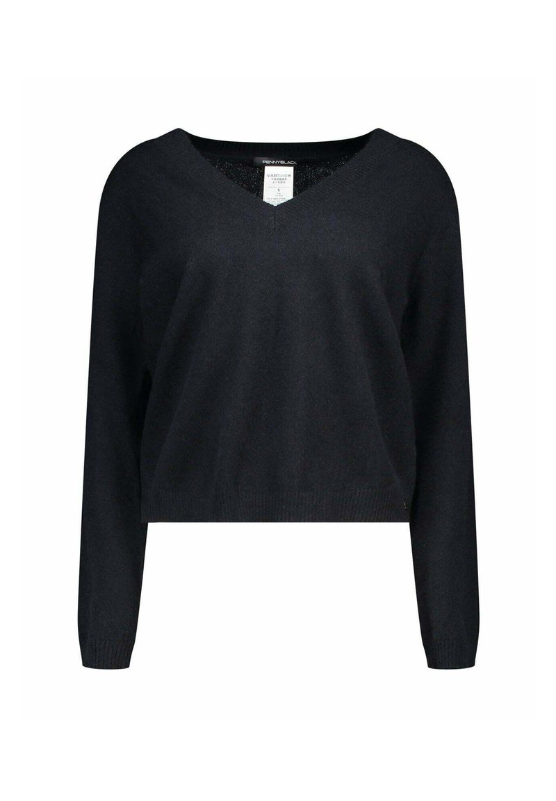Maglione nero cropped con scollo a V, maniche lunghe e dettagli a costine sulle maniche. Realizzato in morbido tessuto texturizzato. Etichetta visibile sul colletto.