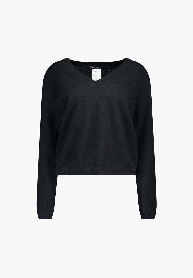 Maglione nero cropped con scollo a V, maniche lunghe e dettagli a costine sulle maniche. Realizzato in morbido tessuto texturizzato. Etichetta visibile sul colletto.