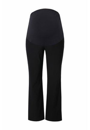 Czarne spodnie ciążowe z elastycznym pasem i zwężającymi się nogawkami, wykonane z miękkiego materiału dla komfortu.