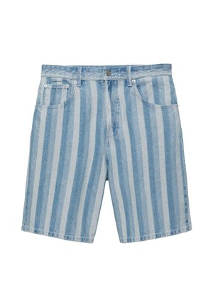 Svetlomodré a biele denimové krátke nohavice s vertikálnymi pruhmi, prednými vreckami, pútkami na opasok a zapínaním na gombík.