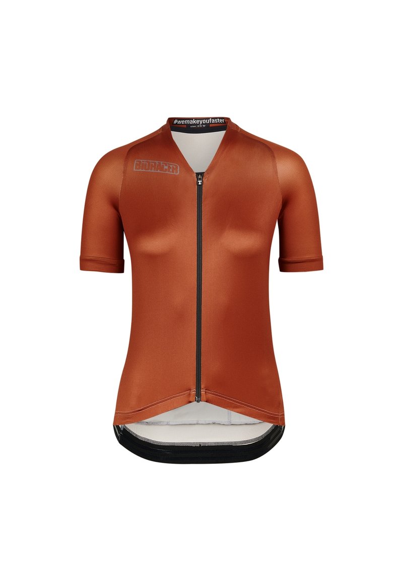 Korte mouwen fietsjersey in roestoranje, gemaakt van soepel materiaal. Voorzien van een frontzip en contrasterende zwarte zoom, met een logo op de kraag.