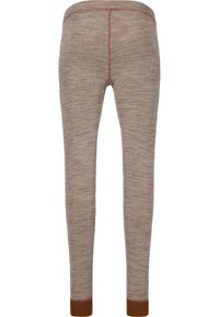 Strakke leggings in een gedempt beige kleur met een gemêleerde textuur. Heeft contrasterende oranje naden en bruine boorden bij de enkels.