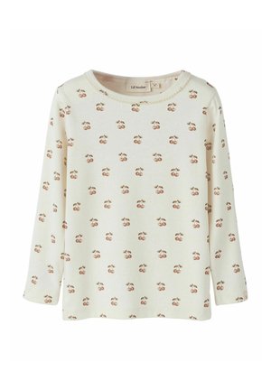 Roomkleurig shirt met lange mouwen, voorzien van kleine bruinachtige kersenpatronen die gelijkmatig over de stof zijn verdeeld, ronde halslijn met subtiele afwerking.