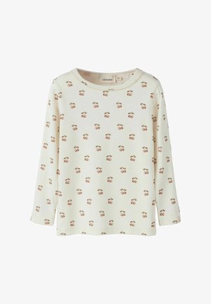 Maglia a maniche lunghe color crema con piccoli motivi di ciliegie marroni distribuiti uniformemente su tutto il tessuto, scollatura rotonda con bordo sottile.