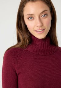 Jersey de cuello alto burdeos con cuello acanalado y patrón de tejido texturizado; diseño ajustado visible en los hombros y el escote.