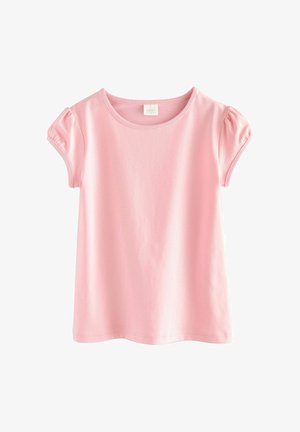 Lichtroze t-shirt van zachte katoen, met korte pofmouwen, een ronde halslijn en een rechte zoom. Etiket binnenin leest "NEXT."