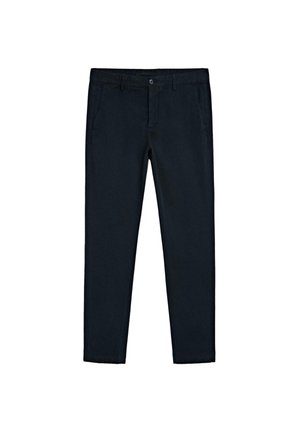 Marineblaue, schmal geschnittene Hose mit Gürtelschlaufen, vorderem Knopf- und Reißverschluss sowie Seitentaschen, flach auf weißem Hintergrund liegend.