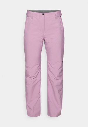 Light pink snow pants, made from a smooth, water-resistant material. Features a zip fly, belt loops, and a small logo near the hem.