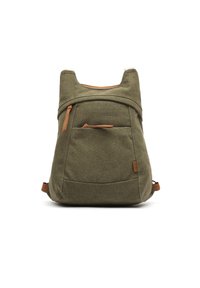 Olive green backpack made of durable fabric, featuring a top handle, leather accents, front pocket, and ergonomic design for comfort.