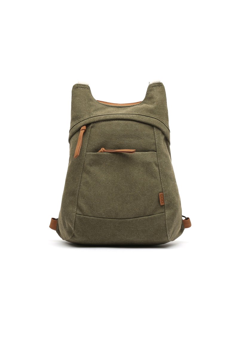 Olive green backpack made of durable fabric, featuring a top handle, leather accents, front pocket, and ergonomic design for comfort.