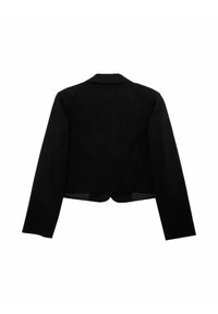 Czarna krótka kurtka z klasycznym kołnierzem, długimi rękawami oraz gładką fakturą, z zaokrąglonym dołem i bez widocznych dodatków.