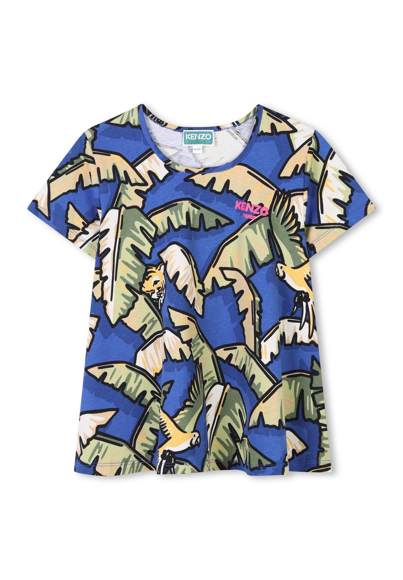 T-shirt à manches courtes en coton bleu avec un imprimé de feuilles tropicales et d'oiseaux. Comprend un logo rose "KENZO PARIS" sur la poitrine.