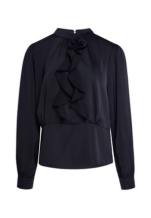 Black long-sleeve blouse with high collar, ruffled front detail, and fabric flower decoration near the neckline.