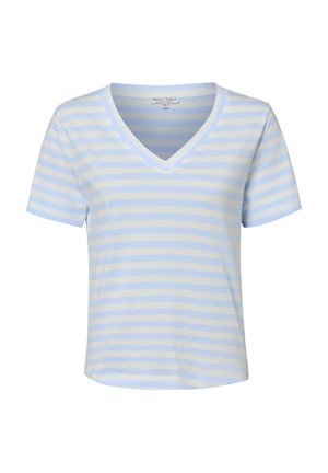 Koszulka z krótkim rękawem i dekoltem w serek, w jasnoniebieskie i białe poziome paski, lekka bawełniana tkanina.