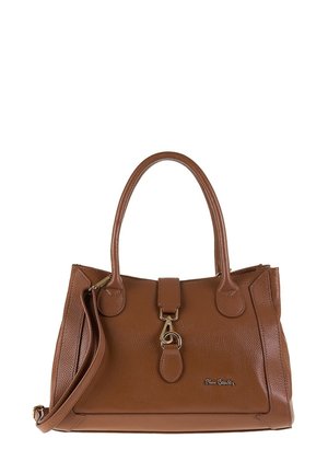 Sac à main en cuir marron avec un design structuré, deux poignées sur le dessus, une bandoulière amovible et un fermoir en métal doré.