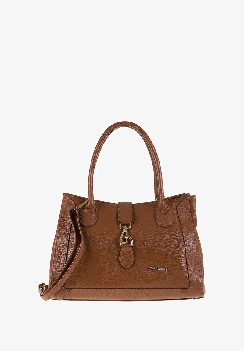 Borsa a tracolla in pelle marrone con un design strutturato, doppi manici superiori, una tracolla staccabile e un morsetto in metallo dorato.