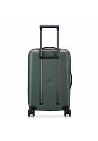 Valise rigide vert foncé avec poignée télescopique extensible et quatre roulettes pivotantes noires sur fond blanc.