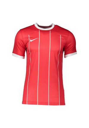 Rotes Sporttrikot mit kurzen Ärmeln, weißen vertikalen Streifen, weißem Kragen und Ärmelbündchen sowie weißem Nike-Logo auf der Brust.