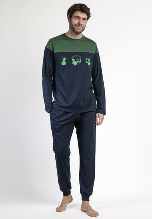 Conjunto de pijama navy con mangas largas y puños elásticos. La parte superior verde presenta diseños de Kermit en dibujos animados. Tejido suave y ligero.