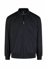 Schwarze Bomberjacke mit geripptem Kragen und Bündchen, frontale Reißverschlussöffnung, zwei Seitentaschen, glattes Material und minimalistisches Design.
