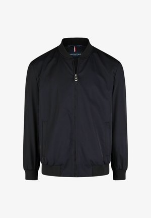 Zwarte bomberjack met ribgebreide kraag en boorden, ritssluiting aan de voorkant, twee zijzakken, gladde stof en minimalistisch ontwerp.