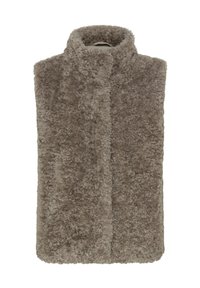 Faux fur gilet in taupe, met een hoge kraag en een open voorkant. Zachte textuur met een harige uitstraling en zonder zichtbare sluitingen of accenten.