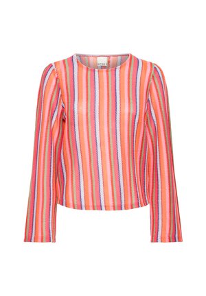 Hosszú ujjú, többszínű csíkos kötött felső, kör alakú nyakkivágással és függőleges csíkokkal narancssárga, rózsaszín, zöld, fehér és lila árnyalatokban.