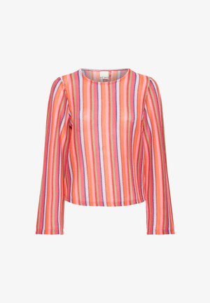 Hosszú ujjú, többszínű csíkos kötött felső, kör alakú nyakkivágással és függőleges csíkokkal narancssárga, rózsaszín, zöld, fehér és lila árnyalatokban.