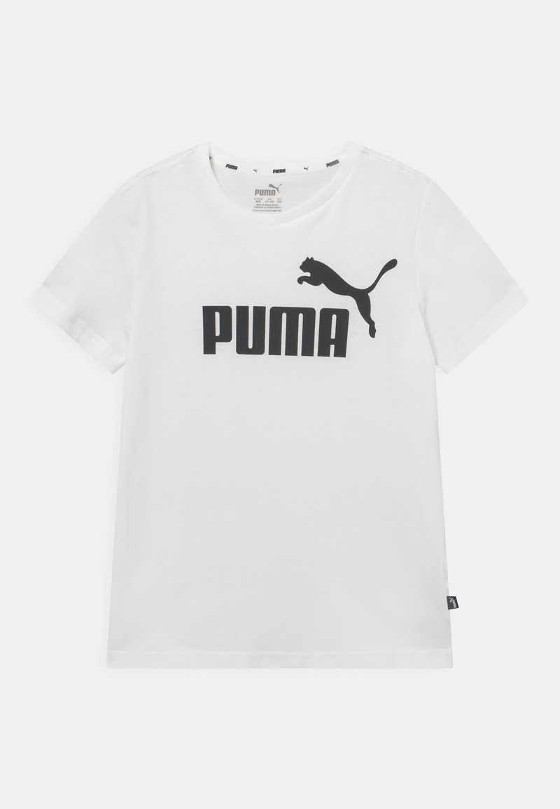 T-shirt bianco in cotone con un grande logo nero "PUMA" e una grafica di un puma nero in salto. Collo rotondo e maniche corte.