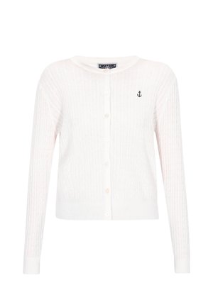 Cardigan alb cu mâneci lungi, cu nasturi, cu textură tricotată în model de cablu și cu un mic logo negru în formă de ancoră pe pieptul stâng.