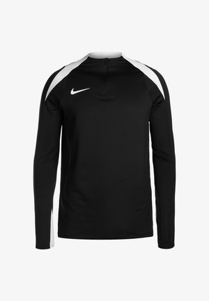 Zwarte sportieve top met lange mouwen en een halve rits, met witte accenten op de schouders en een gladde, rekbare stof. Nike-logo weergegeven.