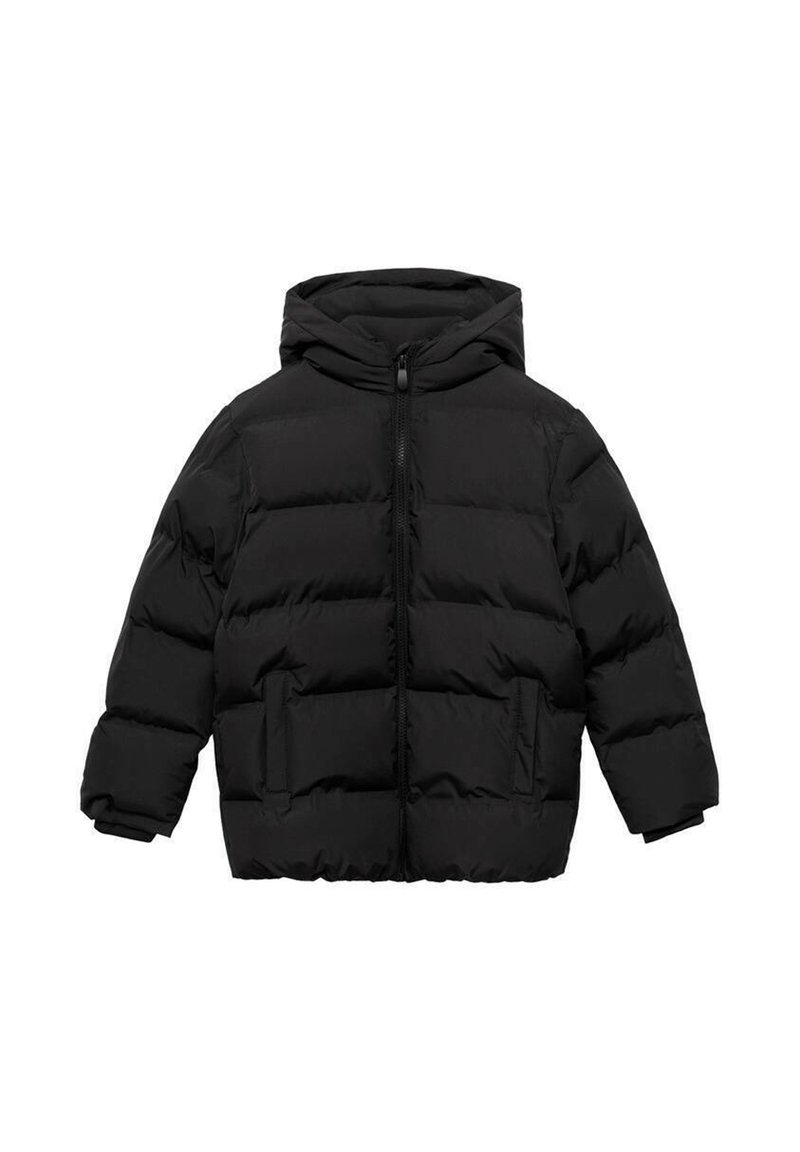 Black puffer jacket with a hood, featuring horizontal quilting, zip closure, and side pockets. Made from a smooth, water-resistant material.