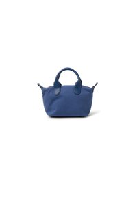 Blauwe canvas tas met een ronde vorm, voorzien van dubbele handvatten, leren accenten en een ritssluiting. Compact ontwerp, geschikt voor dagelijks gebruik.