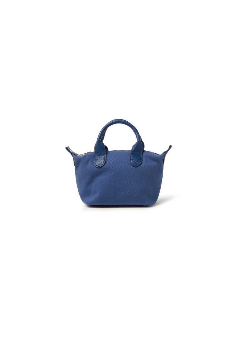 Blauwe canvas tas met een ronde vorm, voorzien van dubbele handvatten, leren accenten en een ritssluiting. Compact ontwerp, geschikt voor dagelijks gebruik.