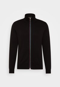 Svart zip-up tröja med hög krage, med en flerfärgad dragkedja. Tillverkad i mjukt tyg, designad med långa ärmar och en figurnära passform.