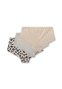 Drei Paar Damenunterwäsche: eines in Beige, eines in Grau und eines mit einem schwarzen Leopardenmuster. Hergestellt aus weichem Stoff mit elastischen Bund.
