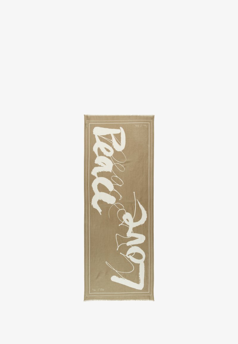 Beige cotton scarf with large white handwritten text "Love" and "Peace," bordered by a white frame; features fringed edges.