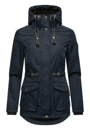 Navy blue waterproof jacket with a hood, two front pockets, adjustable drawstrings, and ribbed cuffs. Features silver hardware accents.