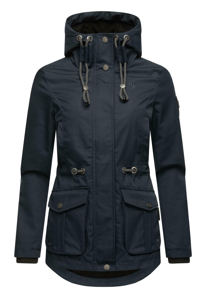 Navy blue waterproof jacket with a hood, two front pockets, adjustable drawstrings, and ribbed cuffs. Features silver hardware accents.