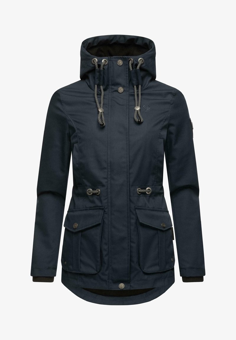 Navy blue waterproof jacket with a hood, two front pockets, adjustable drawstrings, and ribbed cuffs. Features silver hardware accents.