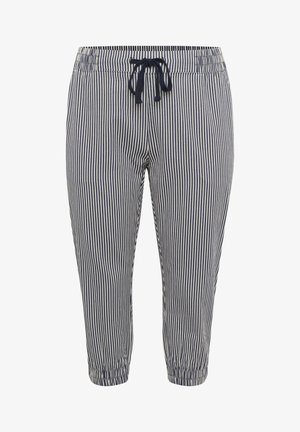 Prugaste skraćene hlače u tamnoplavoj i krem boji, s elastičnim pojasom s vezicom i elastičnim manžetama za sigurno prianjanje.