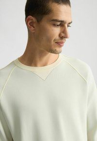 Lichtgroene sweatshirt met een ribgebreide ronde hals, v-vormige accent op de borst en raglanmouwen voor een relaxte fit.