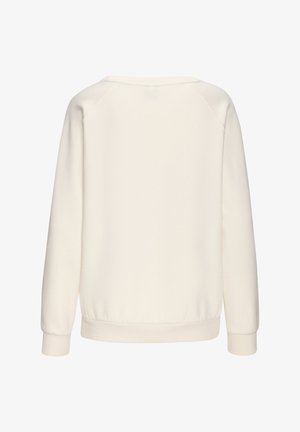 Cream-colored long-sleeve sweatshirt with ribbed cuffs, hem, and a simple back design, shown on a white background.