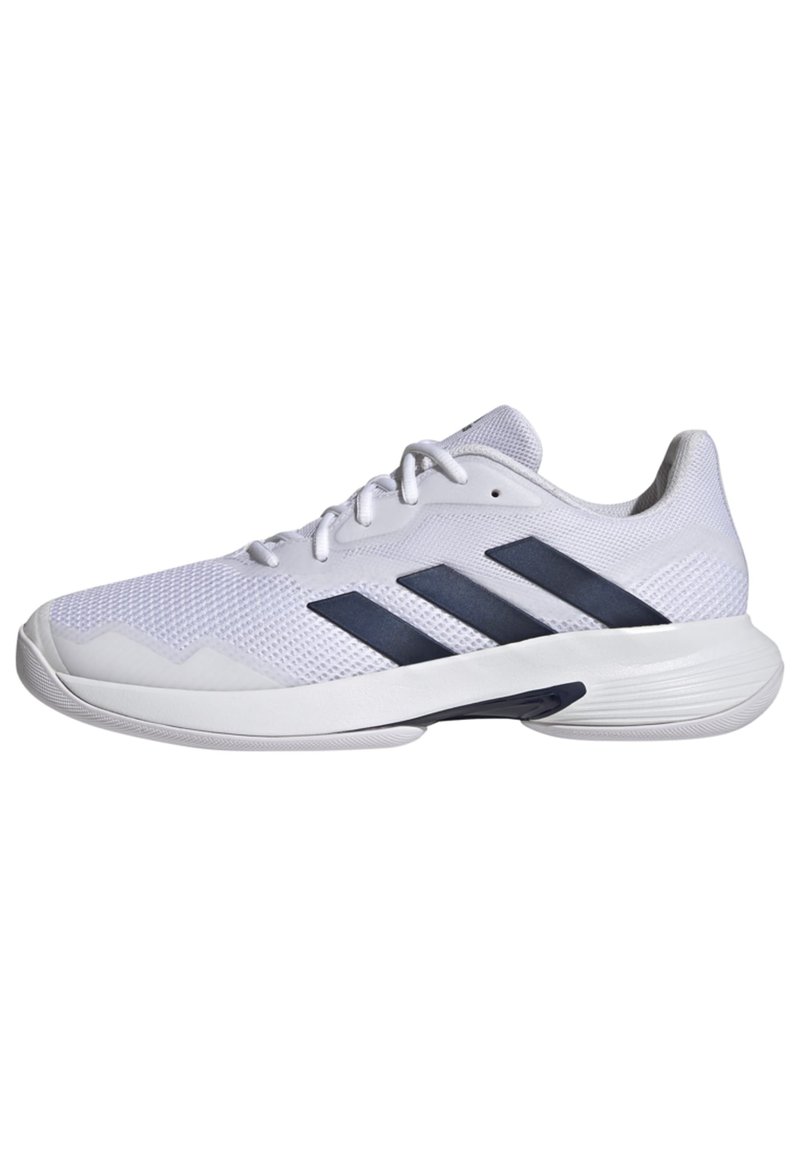 White athletic shoe with breathable mesh upper, navy blue three-stripe design, textured sole, and a rounded toe for added stability.
