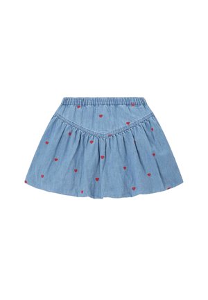 Jupe en jean bleu avec motifs de cœurs rouges, tissu froncé et ceinture élastique pour un enfant.