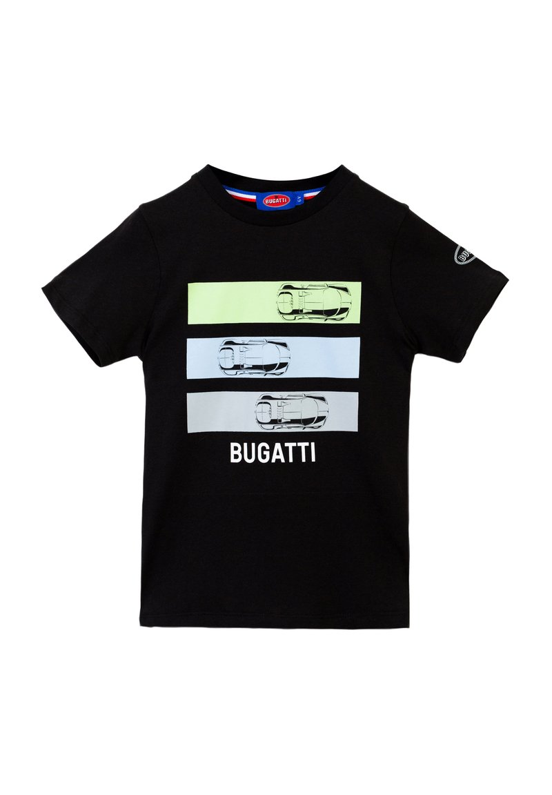 T-shirt in cotone nero con tre grafiche stilizzate di auto in bande verdi, azzurre e blu, con "BUGATTI" stampato in bianco sotto.