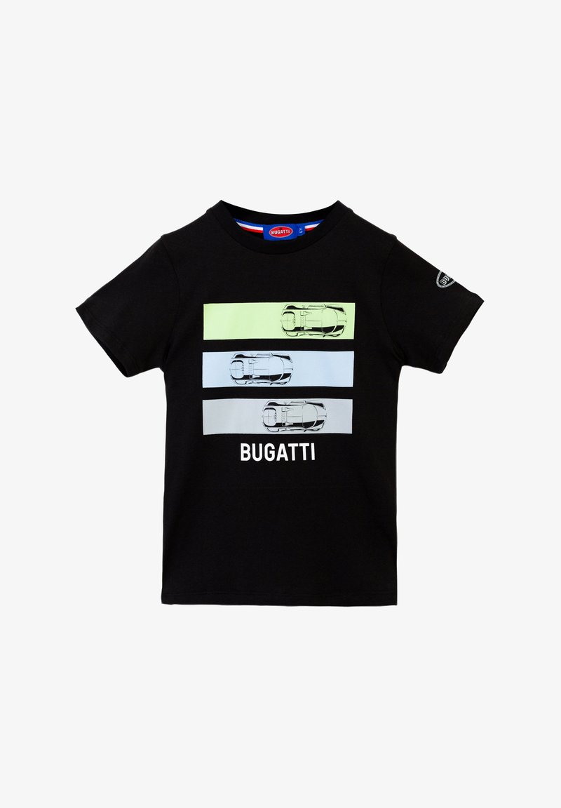 T-shirt in cotone nero con tre grafiche stilizzate di auto in bande verdi, azzurre e blu, con "BUGATTI" stampato in bianco sotto.