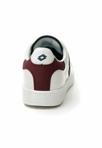 White athletic shoe with a maroon accent at the heel, featuring a textured back, smooth surface, and a layered sole for stability.