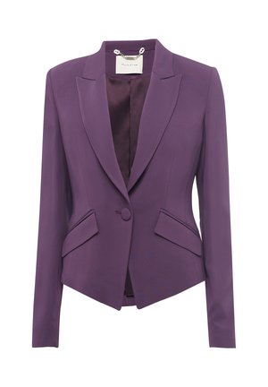 Blazer viola con vestibilità tailored, revers a punta, chiusura con un bottone e due tasche frontali. Tessuto liscio e interno foderato.